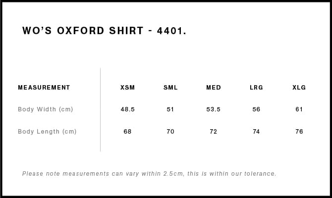 Women's Oxford Shirt size guide