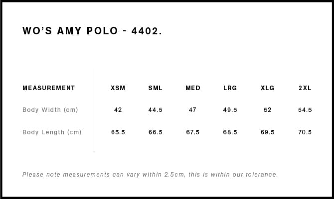 Women's Amy Polo size guide