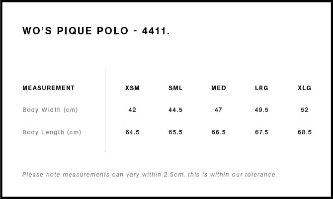 Women's Pique Polo size guide