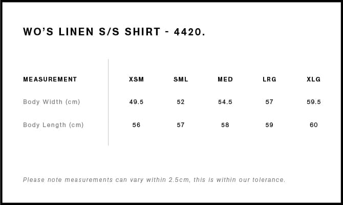 Women's Linen S/S Shirt size guide