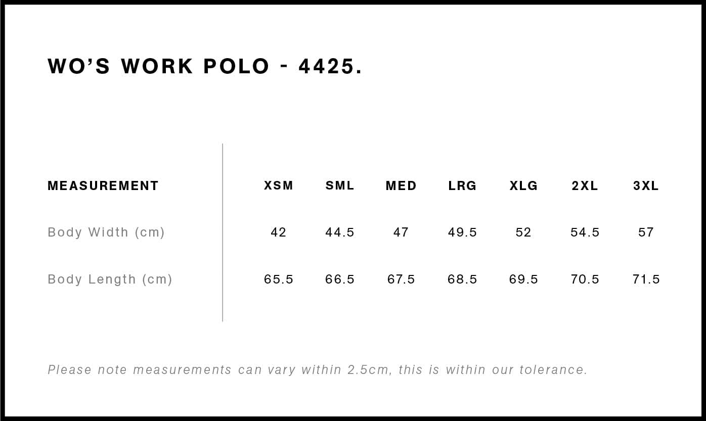 Women's Active Work Polo size guide