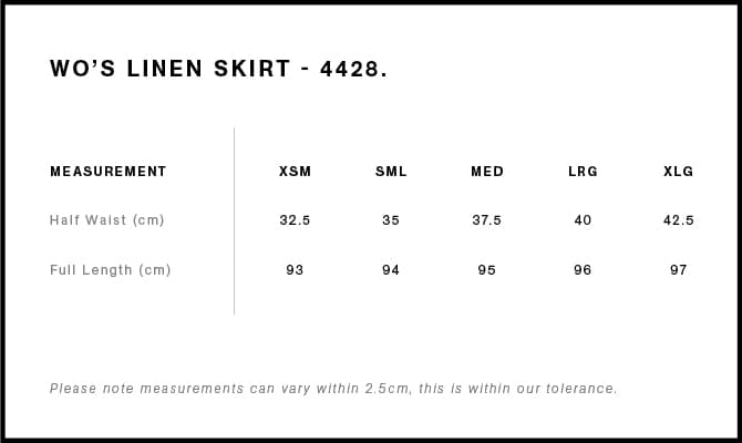 Women's Linen Skirt size guide