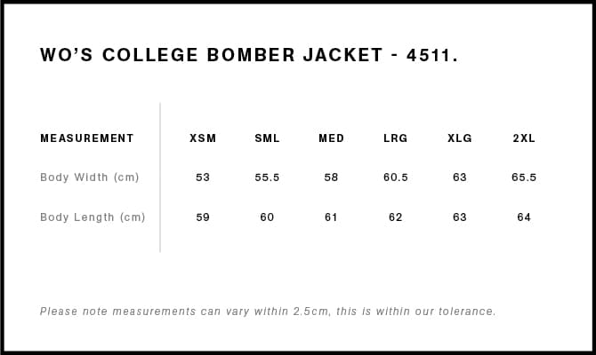 Women's College Bomber Jacket size guide