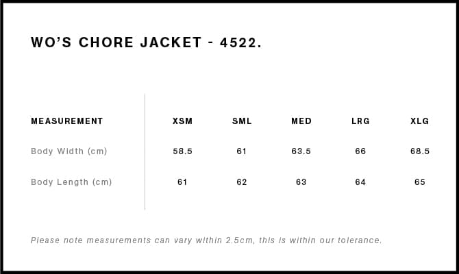 Women's Chore Jacket size guide