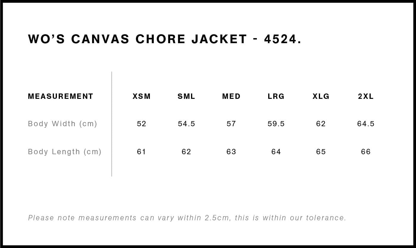 Women's Canvas Chore Jacket size guide