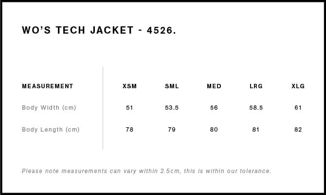 Women's Tech Jacket size guide