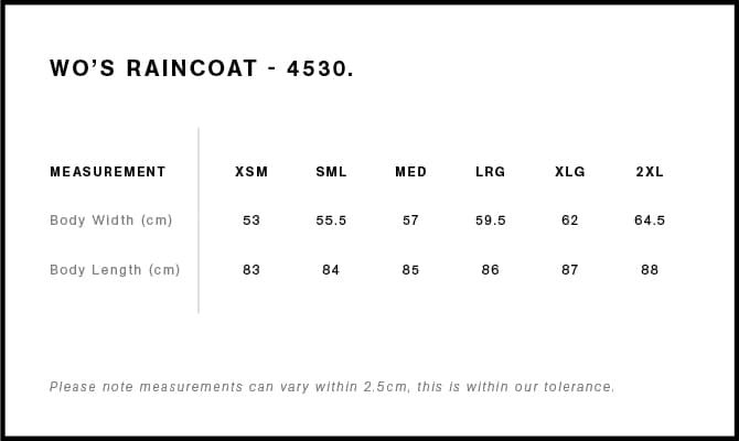 Women's Rain Jacket size guide