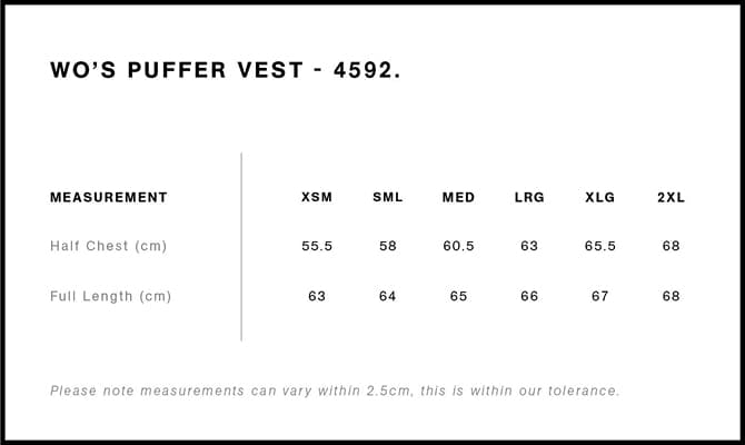 Women's Puffer Vest size guide