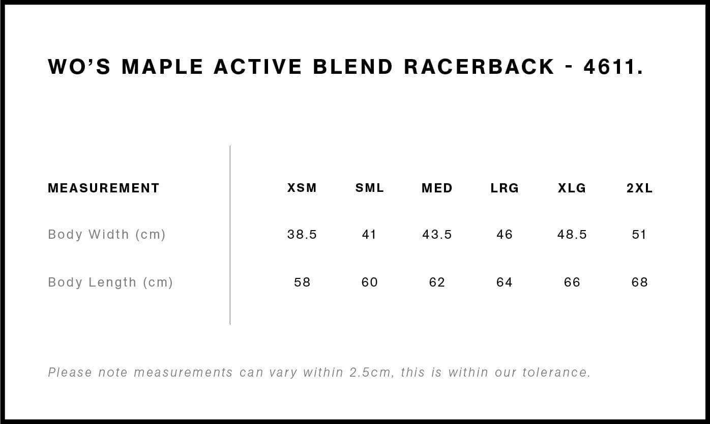 Women's Maple Active Blend Racerback size guide