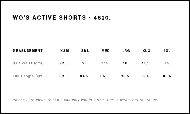 Women's Active Shorts size guide