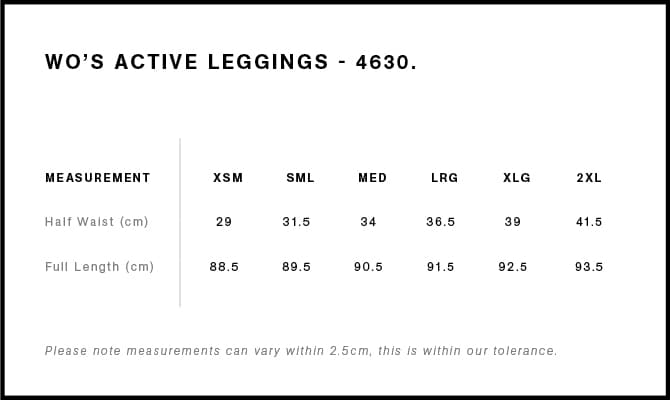 Women's Active Leggings size guide