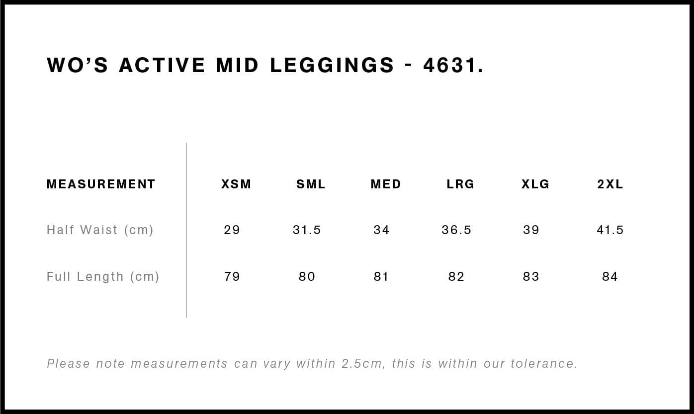 Women's Active Mid Leggings size guide