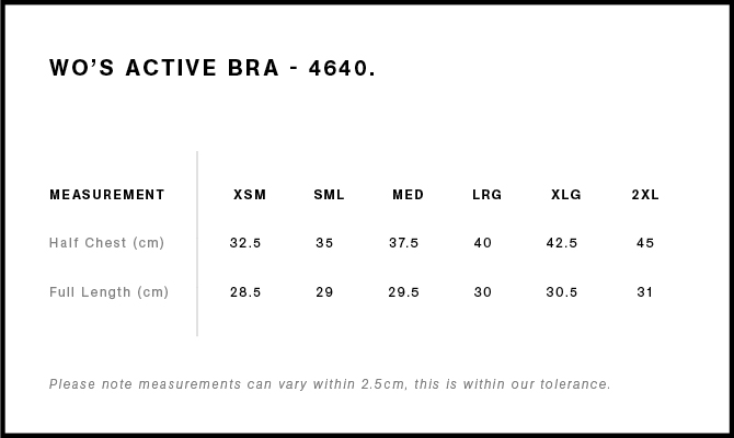 Women's Active Bra Top size guide