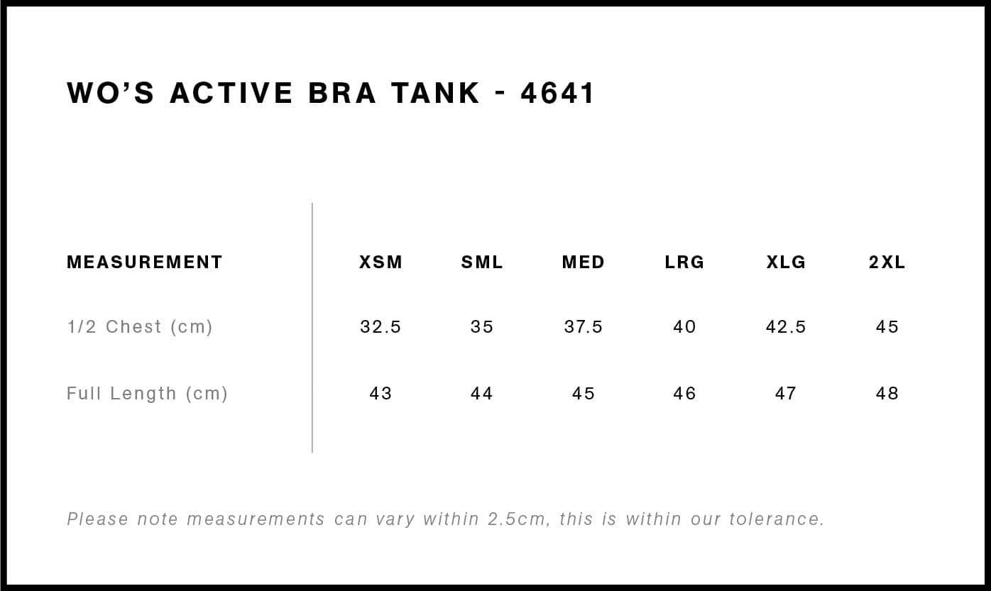 Women's Active Bra Tank size guide