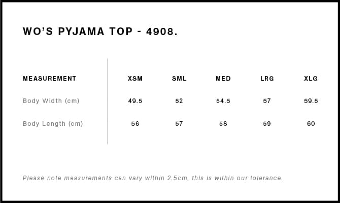 Women's Pyjama Top size guide