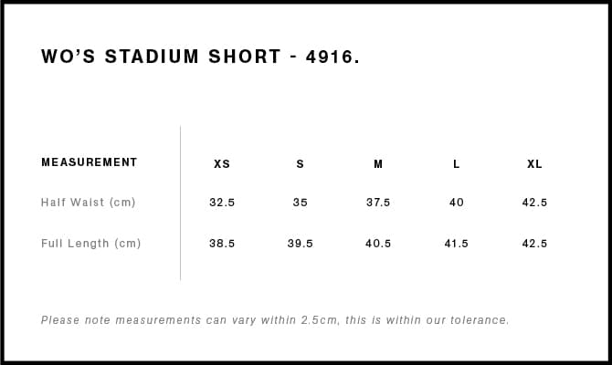Women's Stadium Short size guide