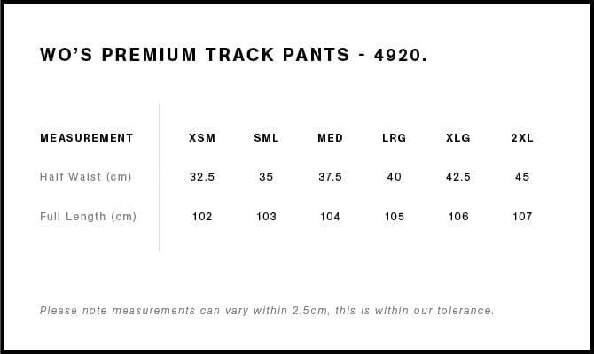 Women's Premium Track Pants size guide