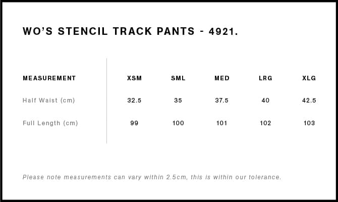 Women's Stencil Track Pants size guide