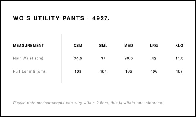 Women's Utility Pants size guide