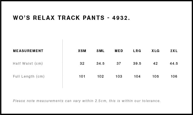 Women's Relax Track Pants size guide