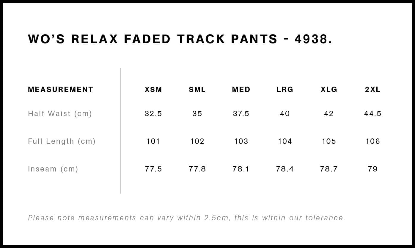 Women's Relax Faded Track Pants size guide