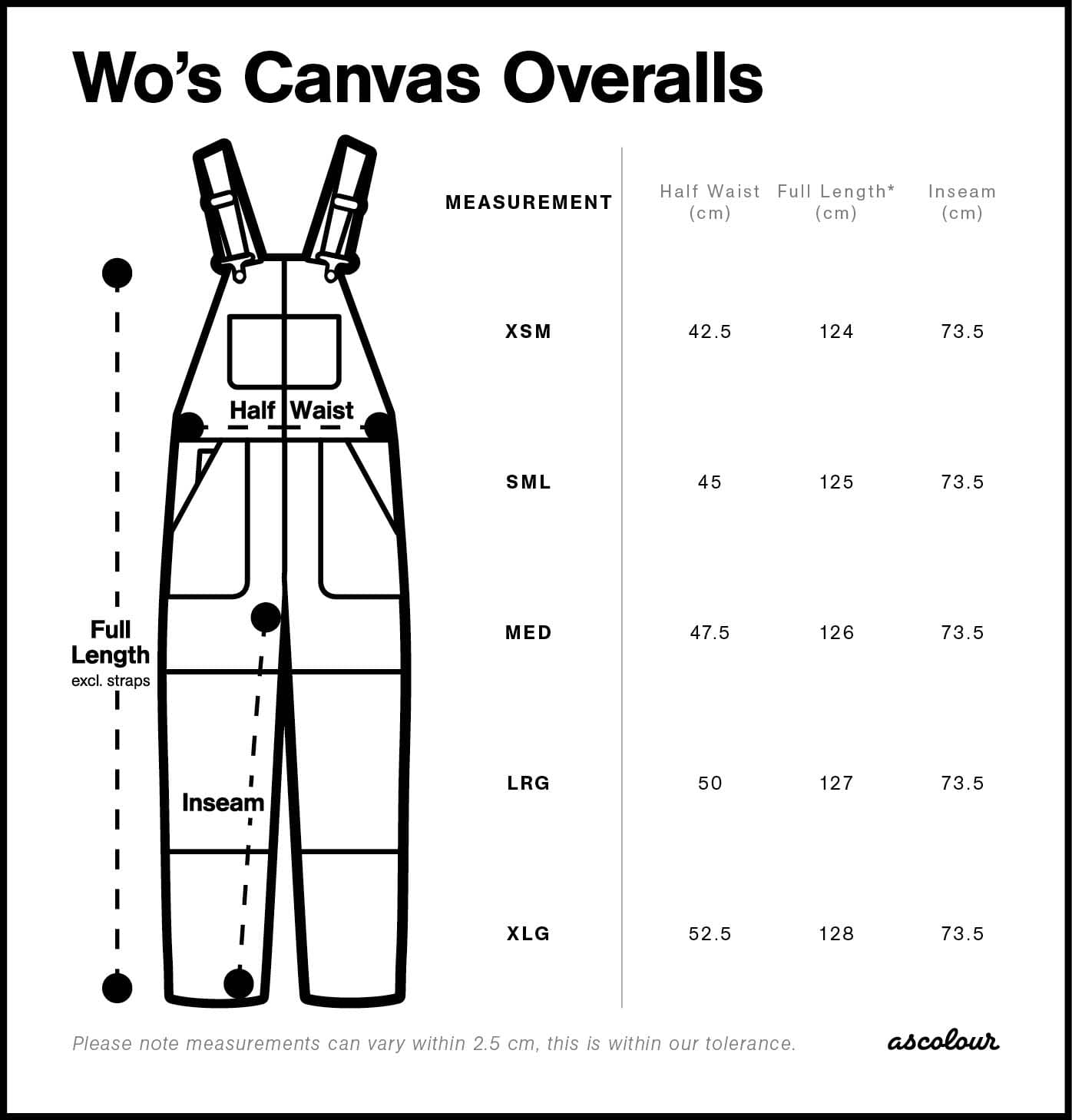Women's Canvas Overalls size guide