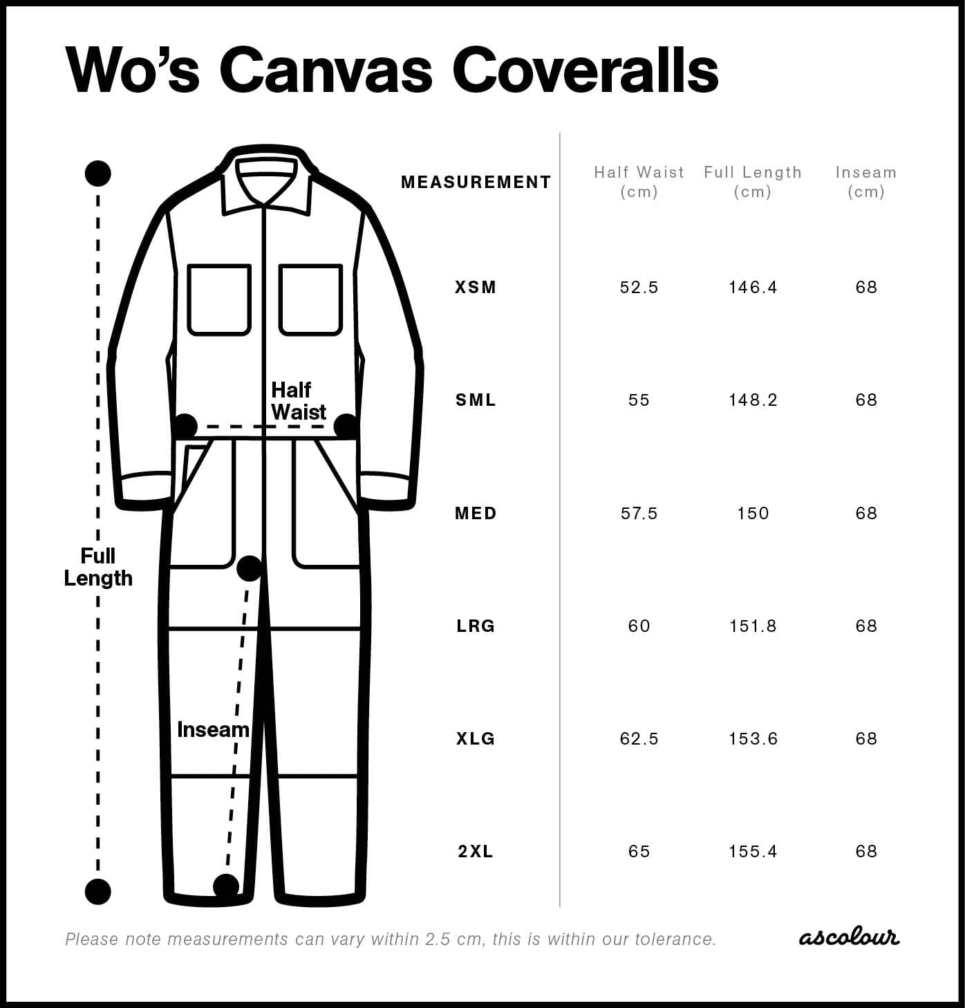 Women's Canvas Coveralls size guide