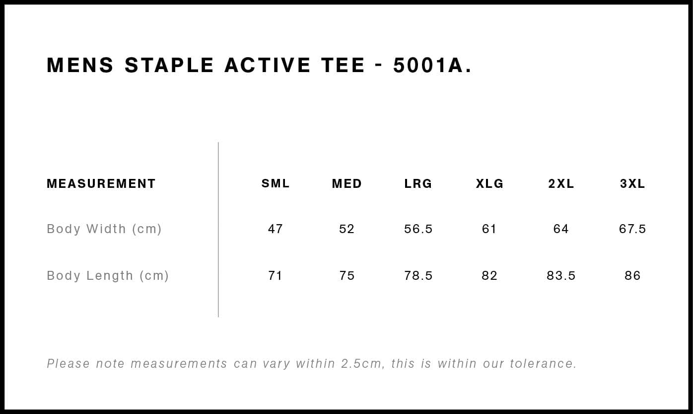 Staple Active Tee size guide