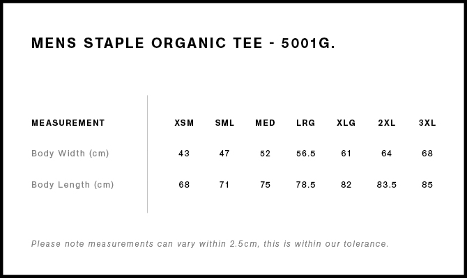 Staple Organic Tee size guide