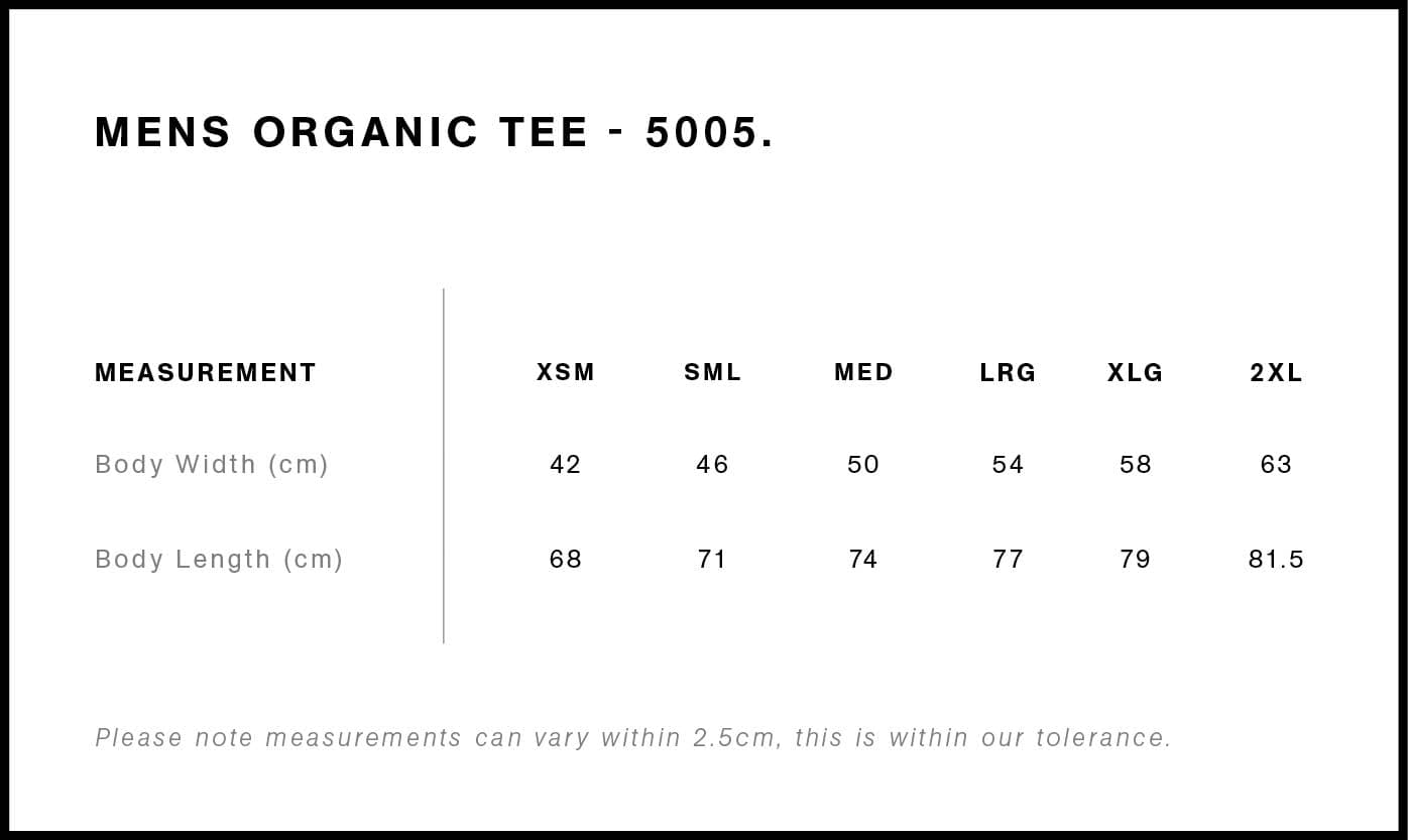 Organic Tee size guide