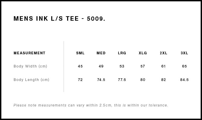 Ink L/S Tee size guide