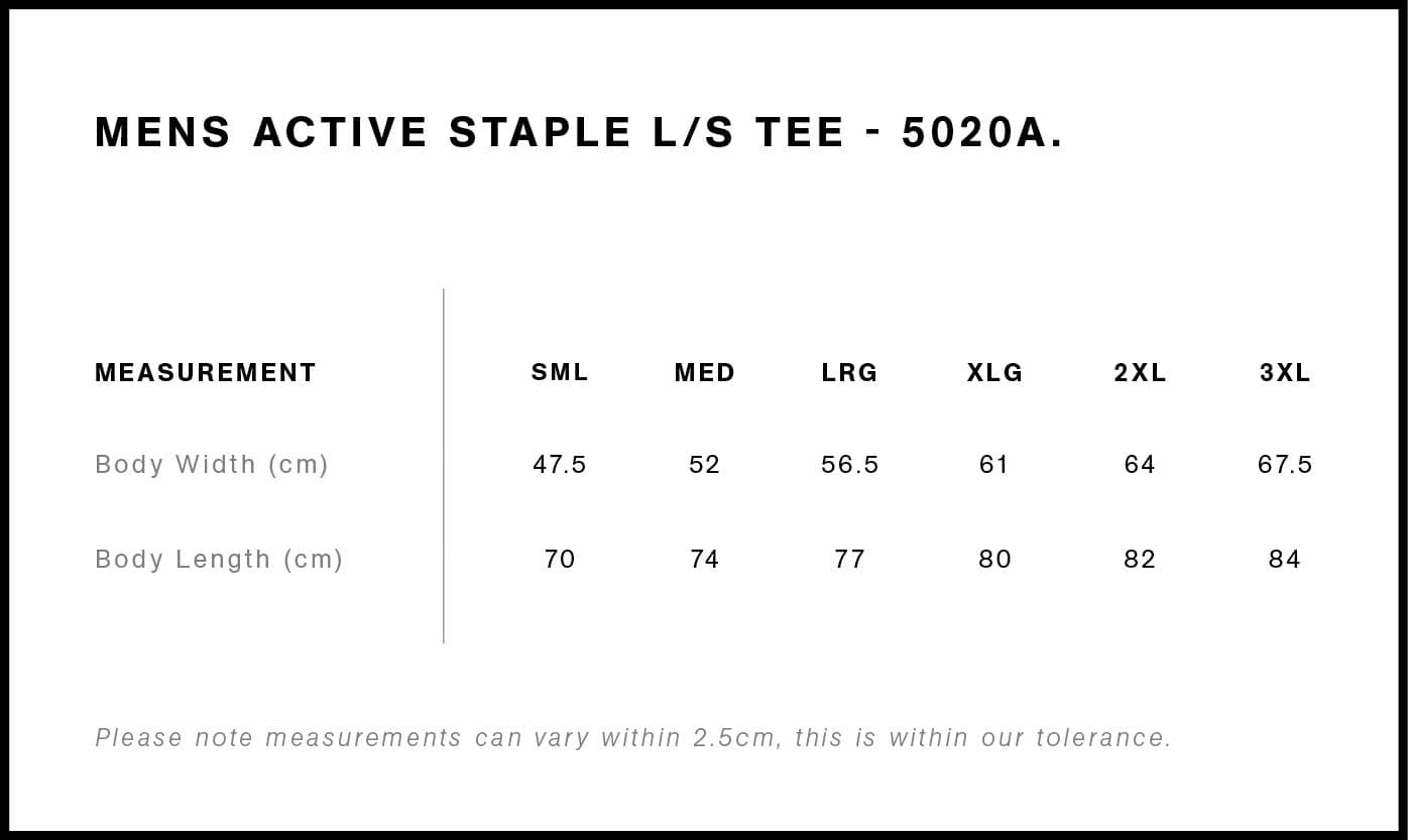 Staple Active L/S Tee size guide