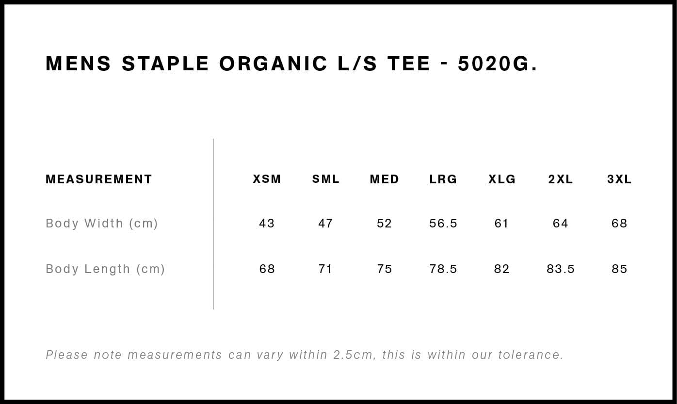 Staple Organic L/S Tee size guide