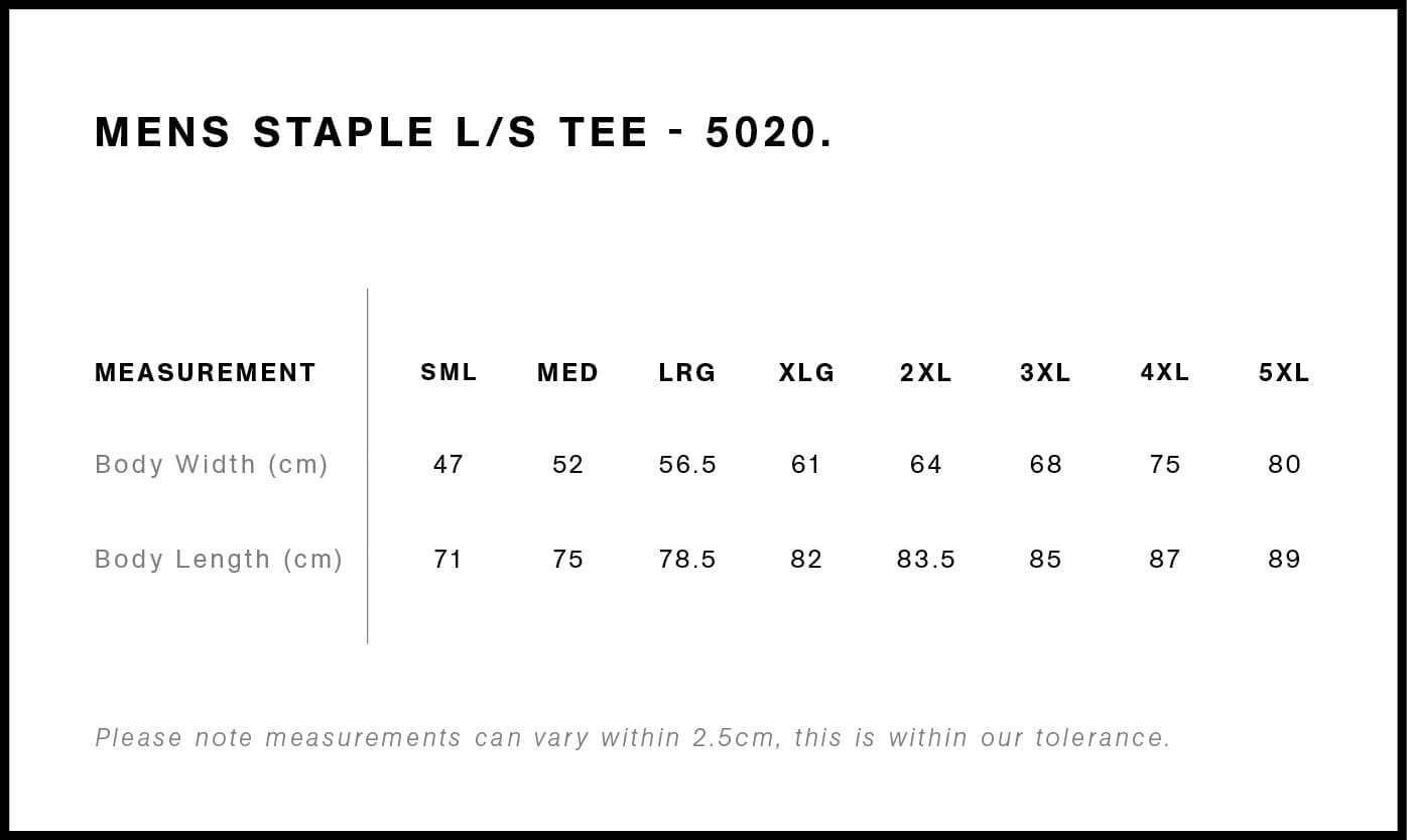 Staple L/S Tee size guide