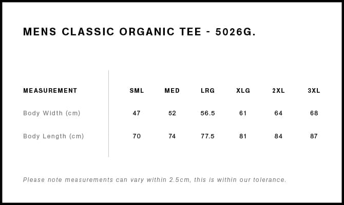 Classic Organic Tee size guide