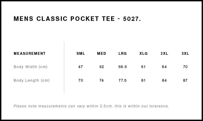 Classic Pocket Tee size guide