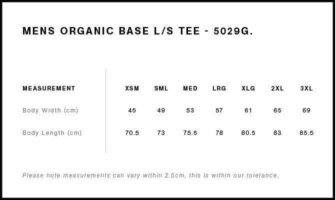Base Organic L/S Tee size guide