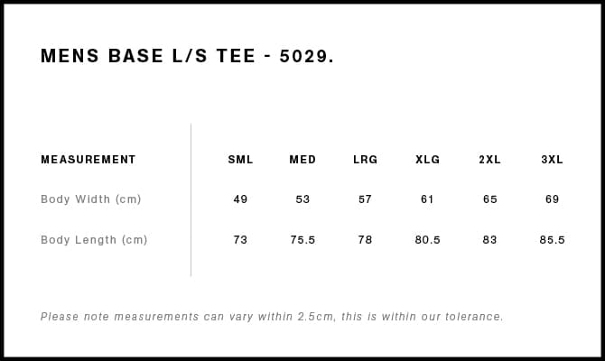 Base L/S Tee size guide