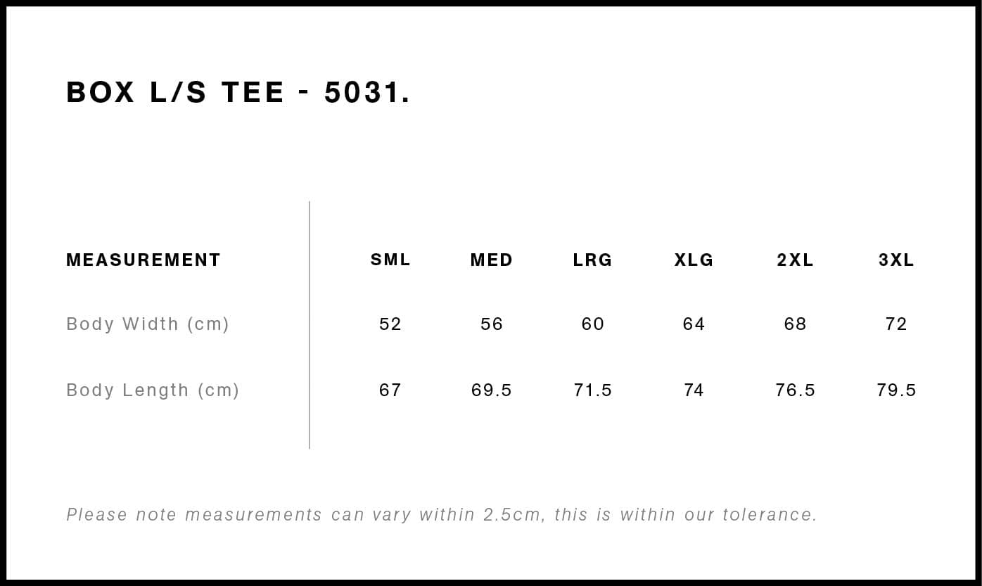 Box L/S Tee size guide