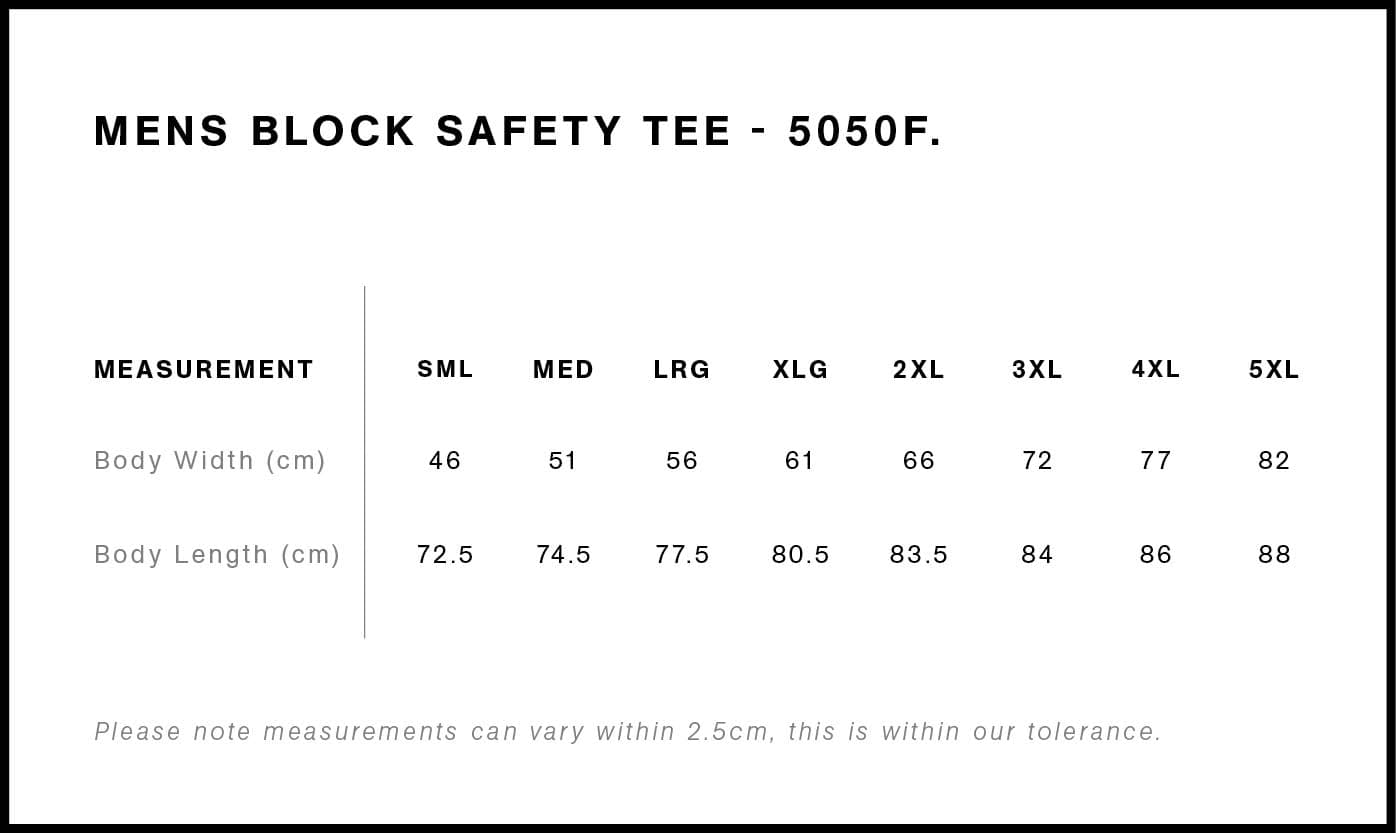 Block Safety Tee size guide