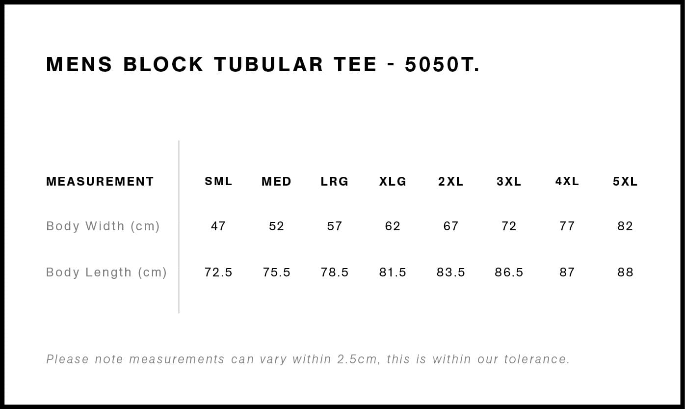 Block Tubular Tee size guide
