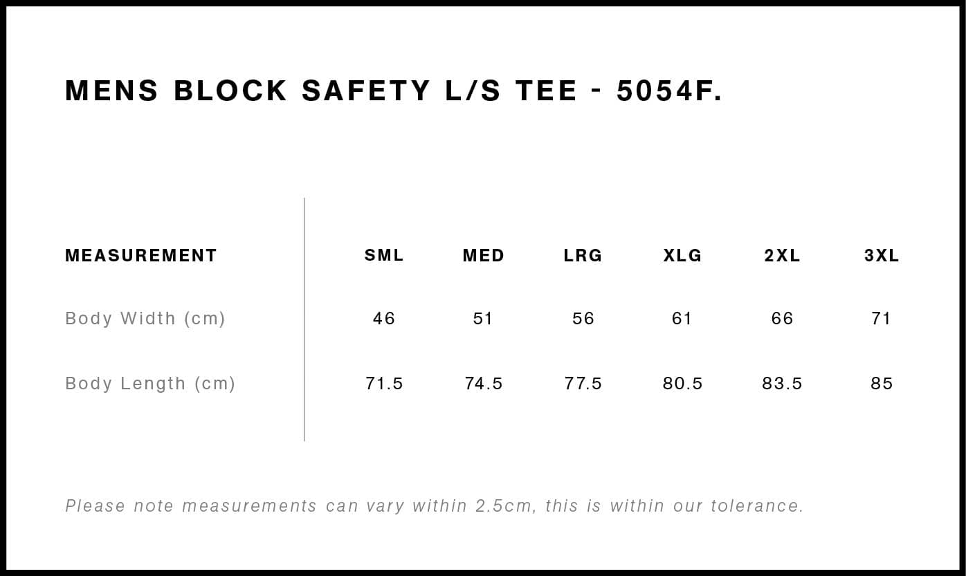 Block Safety L/S Tee size guide