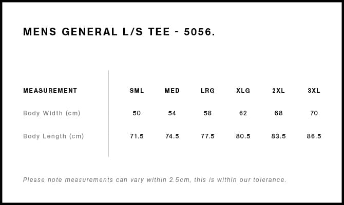 General L/S Tee size guide
