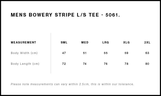 Bowery Stripe L/S Tee size guide