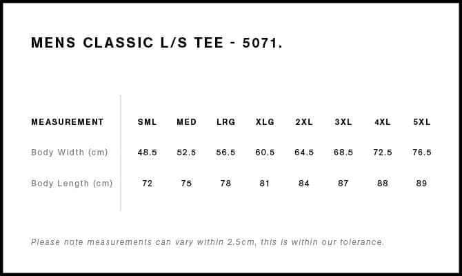 Classic L/S Tee size guide