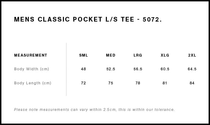 Classic Pocket L/S Tee size guide