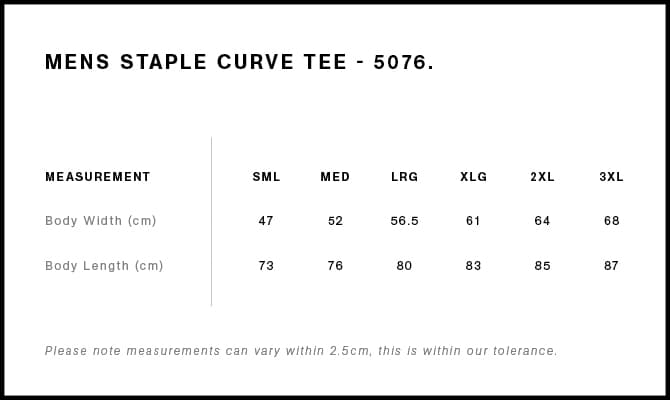 Staple Curve Tee size guide
