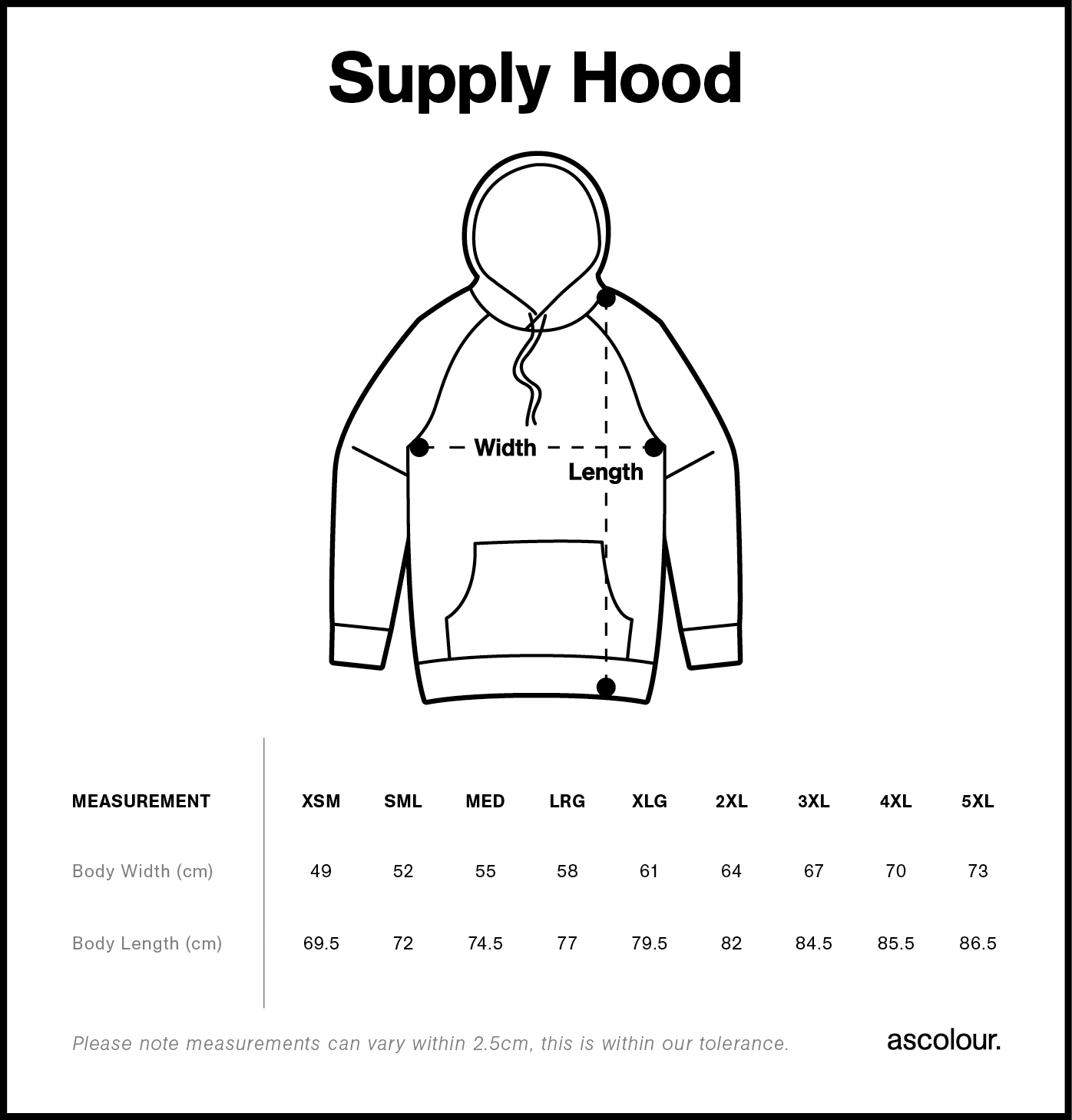 Supply Hood size guide