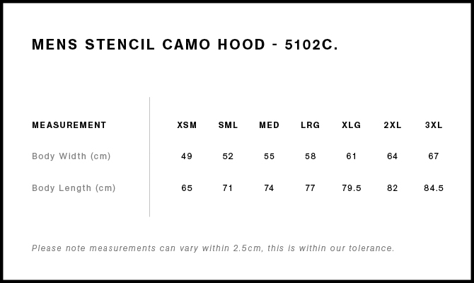 Stencil Camo Hood | 5102CS size guide