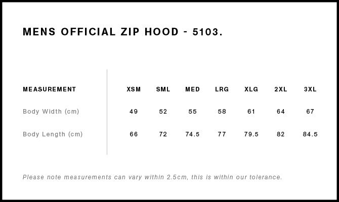 Official Zip Hood size guide